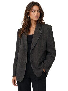 Lane Bryant Size 20 Womens Gray Woven Plaid Blazer Jacket Black Trim